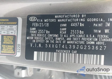 2018 Kia Optima Lx z USA, uszkodzony, nr VIN 5XXGT4L39JG253627